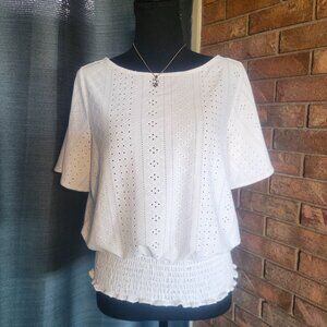 Michael Kors Collection White Eyelet Smocked-Hem Blouse - Women's Size M